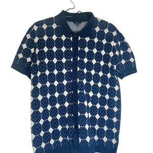 Express Men’s Blue&White Geometric Diamond Knit Short Sleeve Button Polo Medium